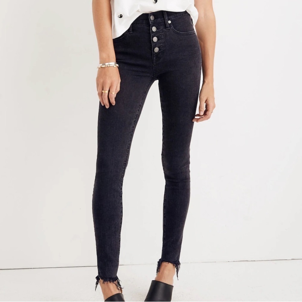 Madewell 9" Mid-Rise Skinny Jeans in Berkeley Black: Button Fly distressed Sz 24